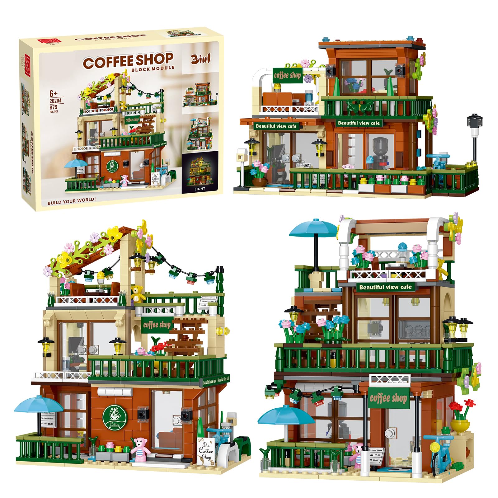 3 in 1 Street View Coffee Shop City Building Set  Compatible with City House Modular Simulation Architecture Construction Toy with LED Lights  Gift for mature-themeds and Girls Kids Aged 8+(875 PCS)
