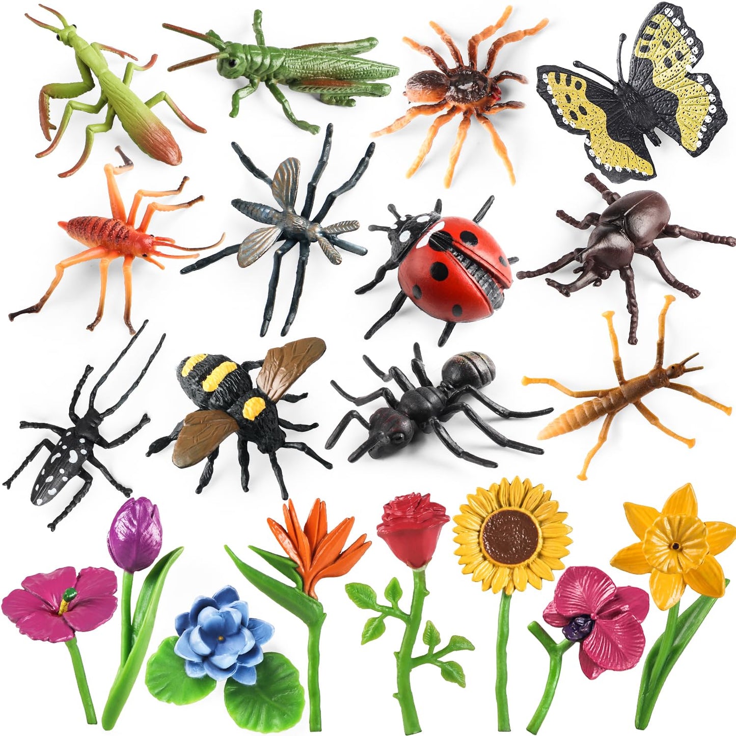 Insect Plant Figures Toys 20Pcs, Realistic Plastic Bugs Flower Figurines With Ladybug Bee Butterfly Ant Cricket Mantis Scorpion