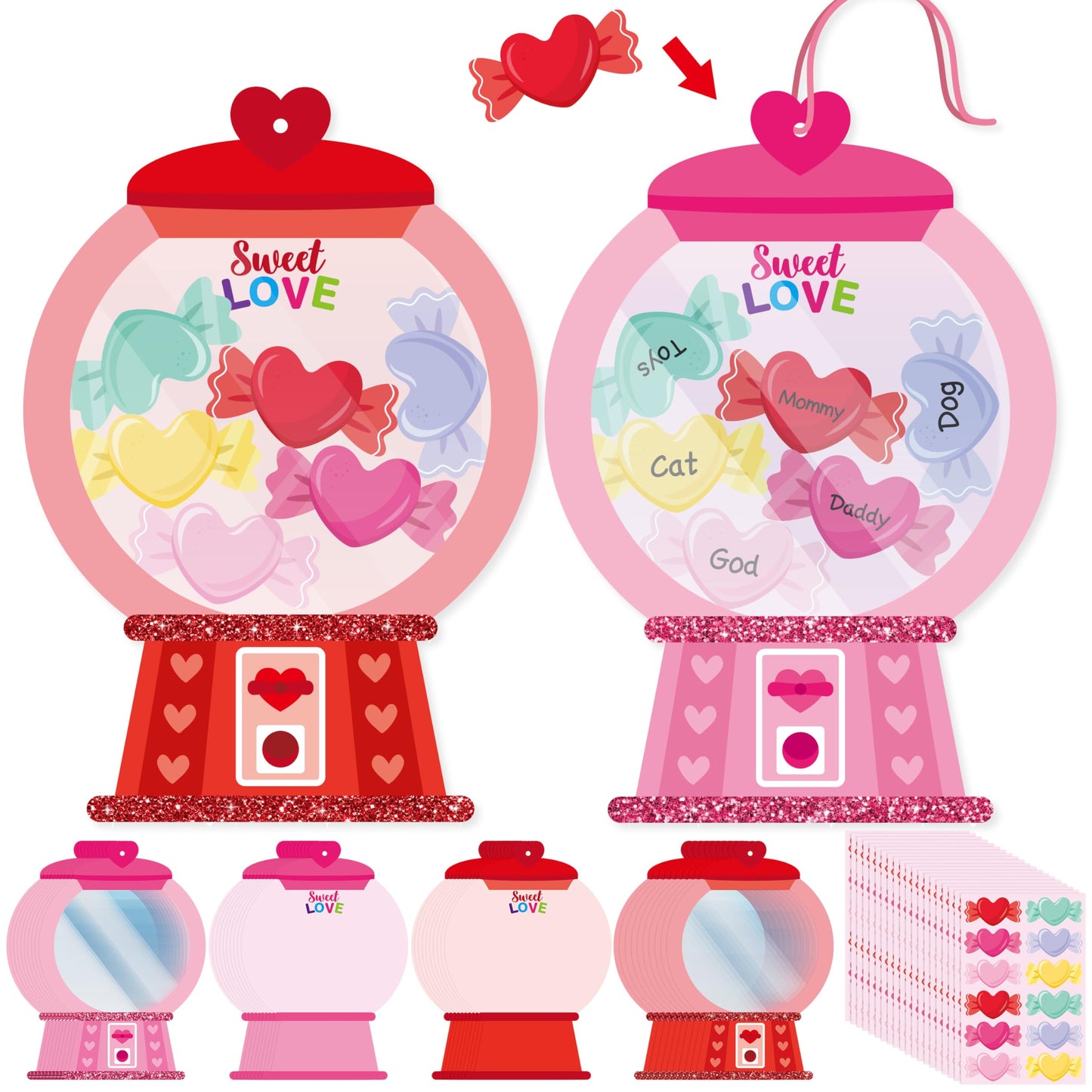 WATINC Valentines Day Gumball Machine Craft Kits, 20Pack DIY Valentines Heart Bubble Gum Machine Crafts Hanging Ornaments with C