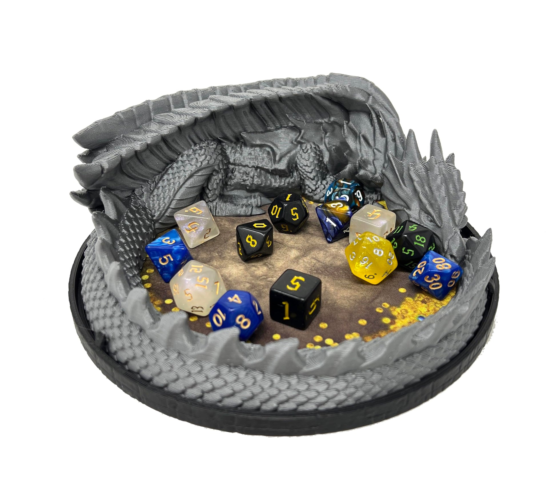 MunnyGrubbers - Dragon's Hoard Dice Tray - V2 - (Random 7pc D20 Dice Included) - Dice Jail - Dice Holder - Neoprene Rolling Mat 