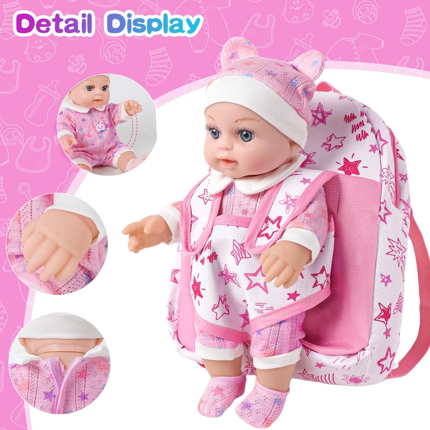 BDDOLL 12 Baby Doll in Gift Box with Pink Backpack, Cloths, Feeding Bottle and Pacifier, First Baby Dolls for Toddlers 3 Years a