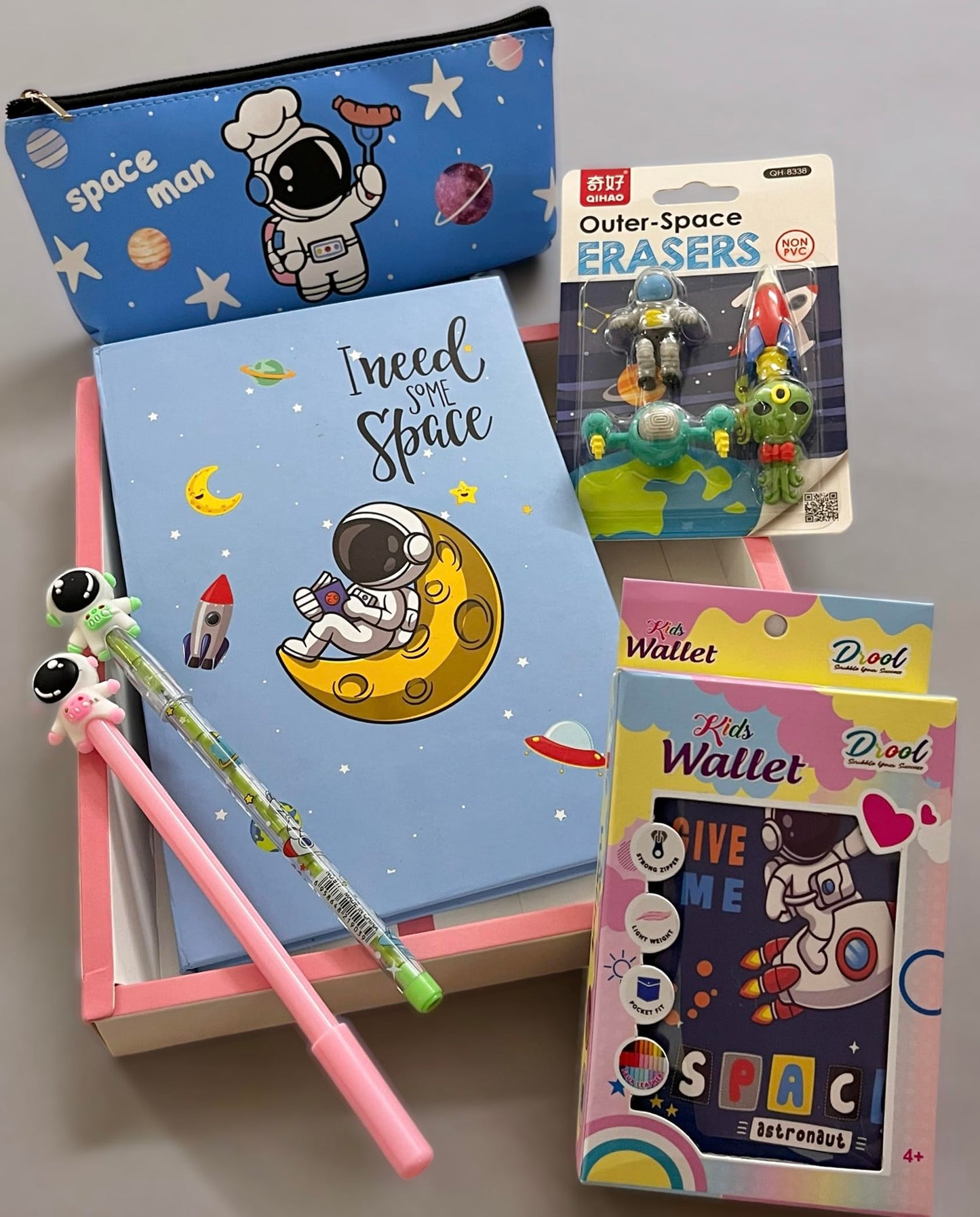 Le Delite Kids Space Theme Stationery Gift Set Combo Return Gift I Rocket Astronaut Diary, Pouch,Eraser, Pen,Pencil,Keychain For