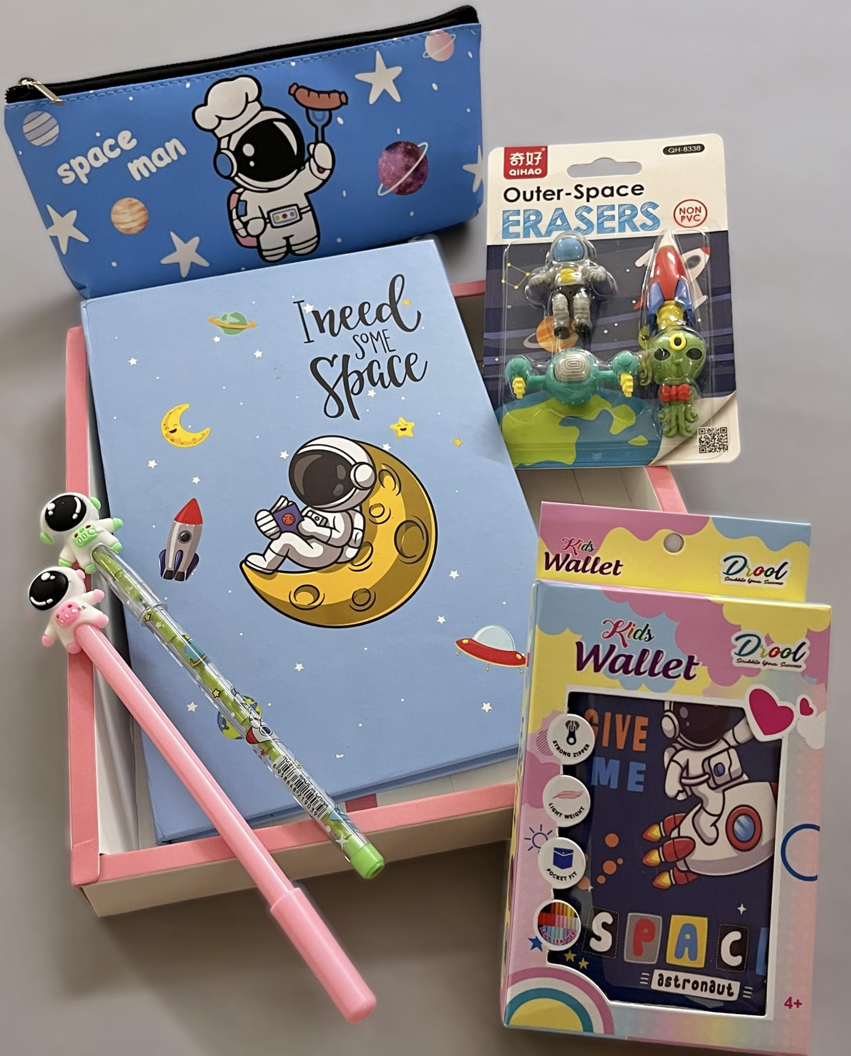 Le Delite Kids Space Theme Stationery Gift Set Combo Return Gift I Rocket Astronaut Diary, Pouch,Eraser, Pen,Pencil,Keychain For