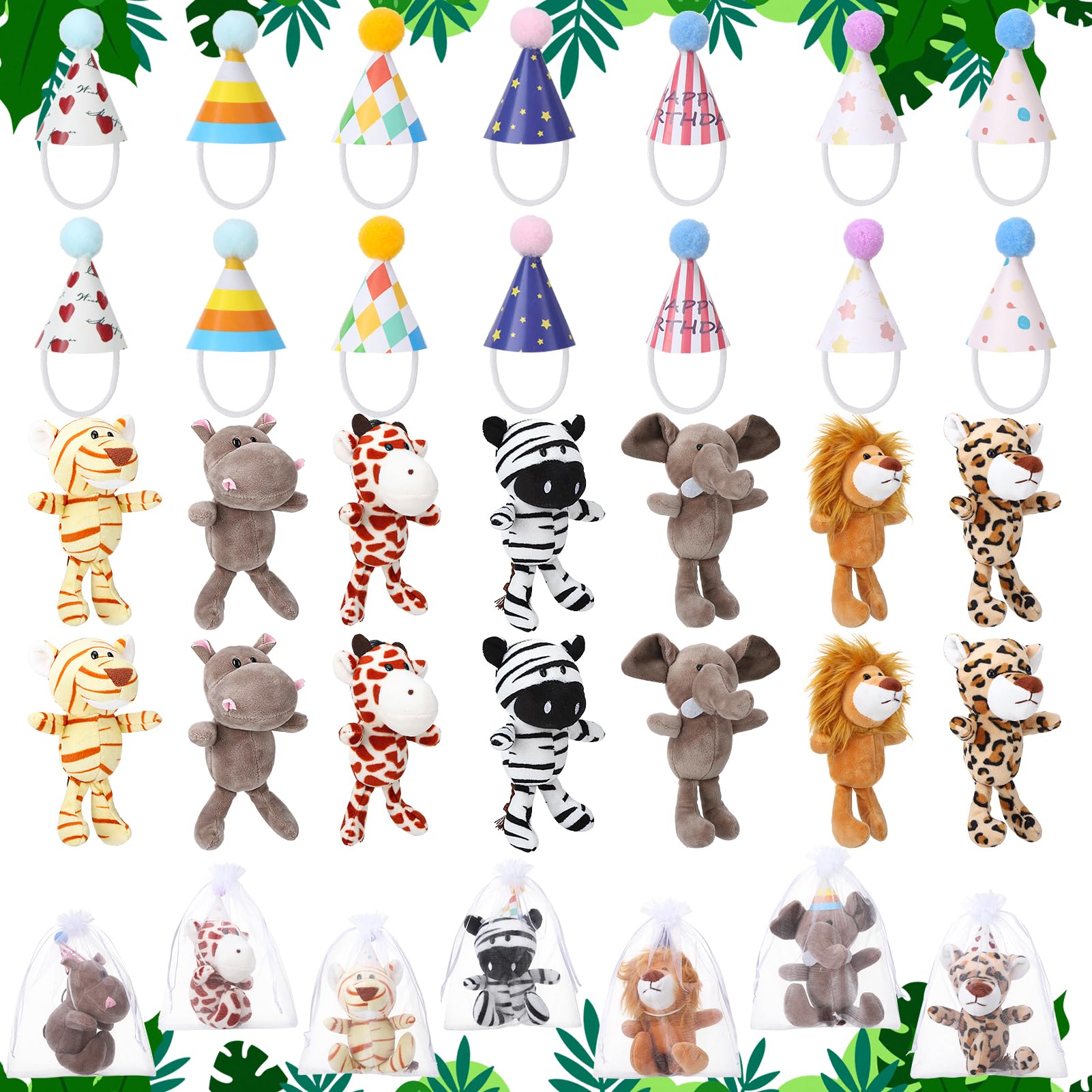 Guiqulai 14 Pcs Mini Jungle Animal Plush Toys Set, Including 14 Pcs Stuffed Safari Forest Animals with Birthday Hats, Organza Ba