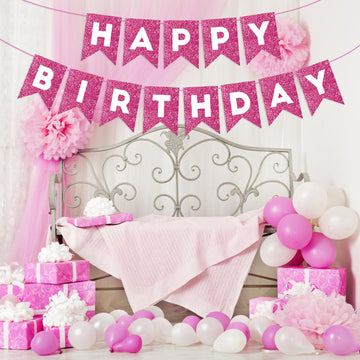 Hot Pink Happy Birthday Banner Birthday Sign For Backdrop Glitter Happy Birthday Decorations For Women Girls Birthday Party Wall Door Garland Bunting Banner Hot Pink Party Supplies