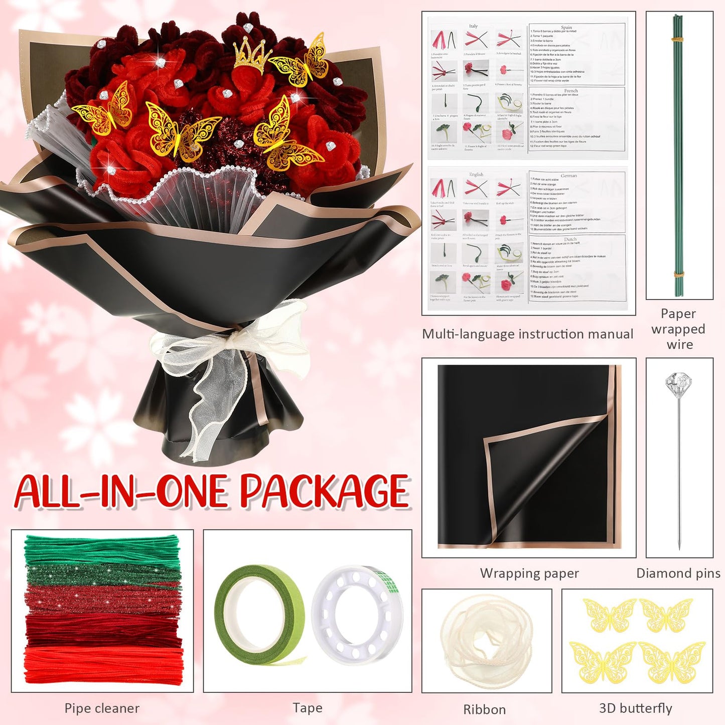 Sinload 290 Pcs Pipe Cleaners Flower Bouquet Craft Kit for DIY Bouquet with Tutoria and Flower Wrapping Paper Fluffy Pipe Cleane
