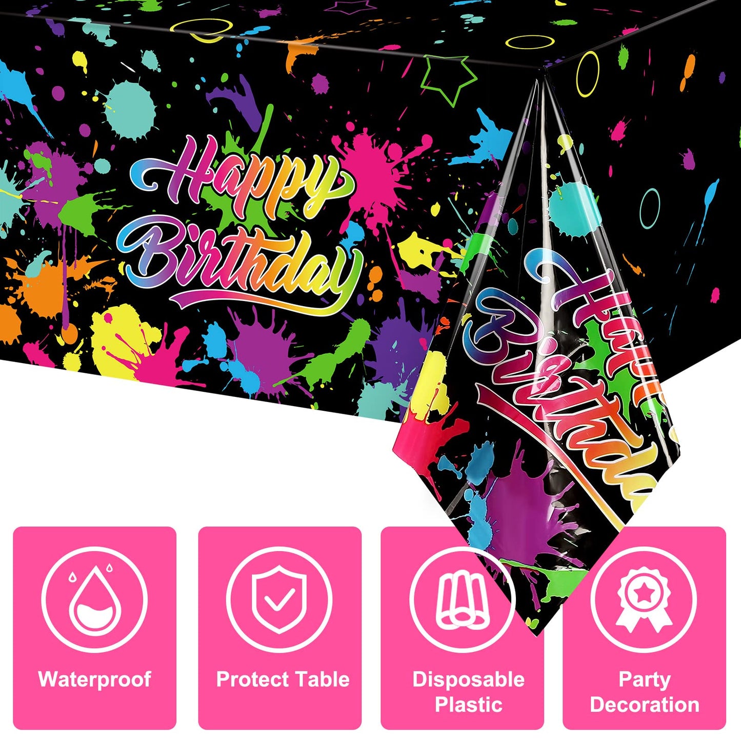 Neon Glow in The Dark Birthday Party Tablecloth Paint Splatter Graffiti Happy Birthday Table Covers Plastic Black Light Table Cl