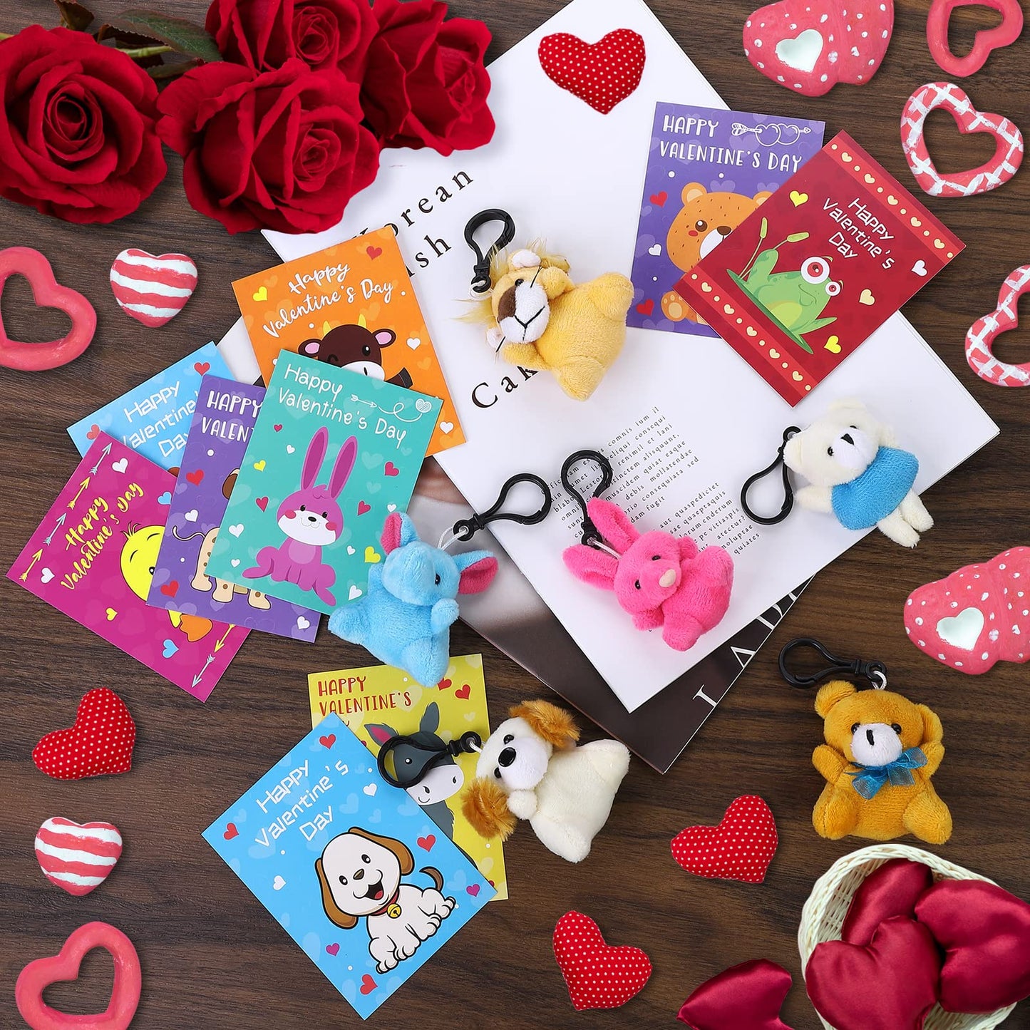28 Pack Valentines Day Gift Cards for Kids with Mini Animal Plush Toys Keychains,Stuffed Animal for Students Classroom Exchange,