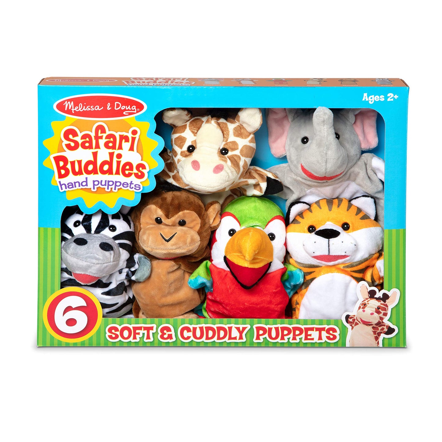 Melissa & Doug Safari Buddies Hand Puppets Set of 6, Plush Fabric Toys for Toddlers, Multicolor, Ages 2+ (Model 9118)