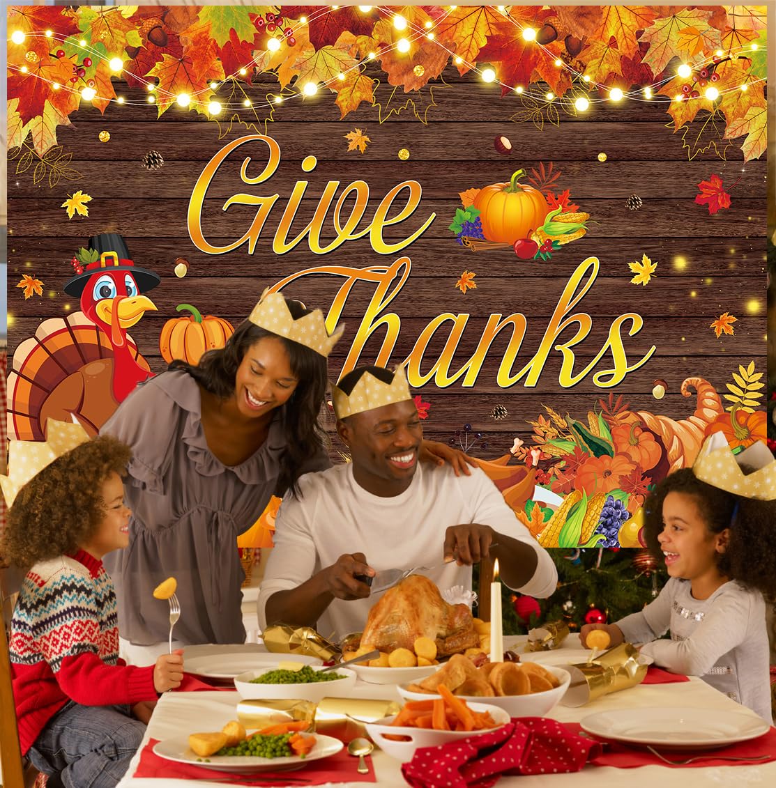 Happy Thanksgiving Backdrop Give Thanks Fall Harvest Photography Background Maple Leaves Turkey Pumpkin Themed Banner for Thanks