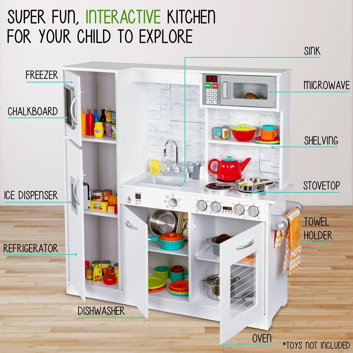 Lil' Jumbl Kids Kitchen Set, Pretend Wooden Play Kitchen, Battery Operated Icemaker & Microwave with Realistic Sound, Pots & Pan