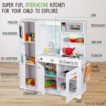Lil' Jumbl Kids Kitchen Set, Pretend Wooden Play Kitchen, Battery Operated Icemaker & Microwave with Realistic Sound, Pots & Pan