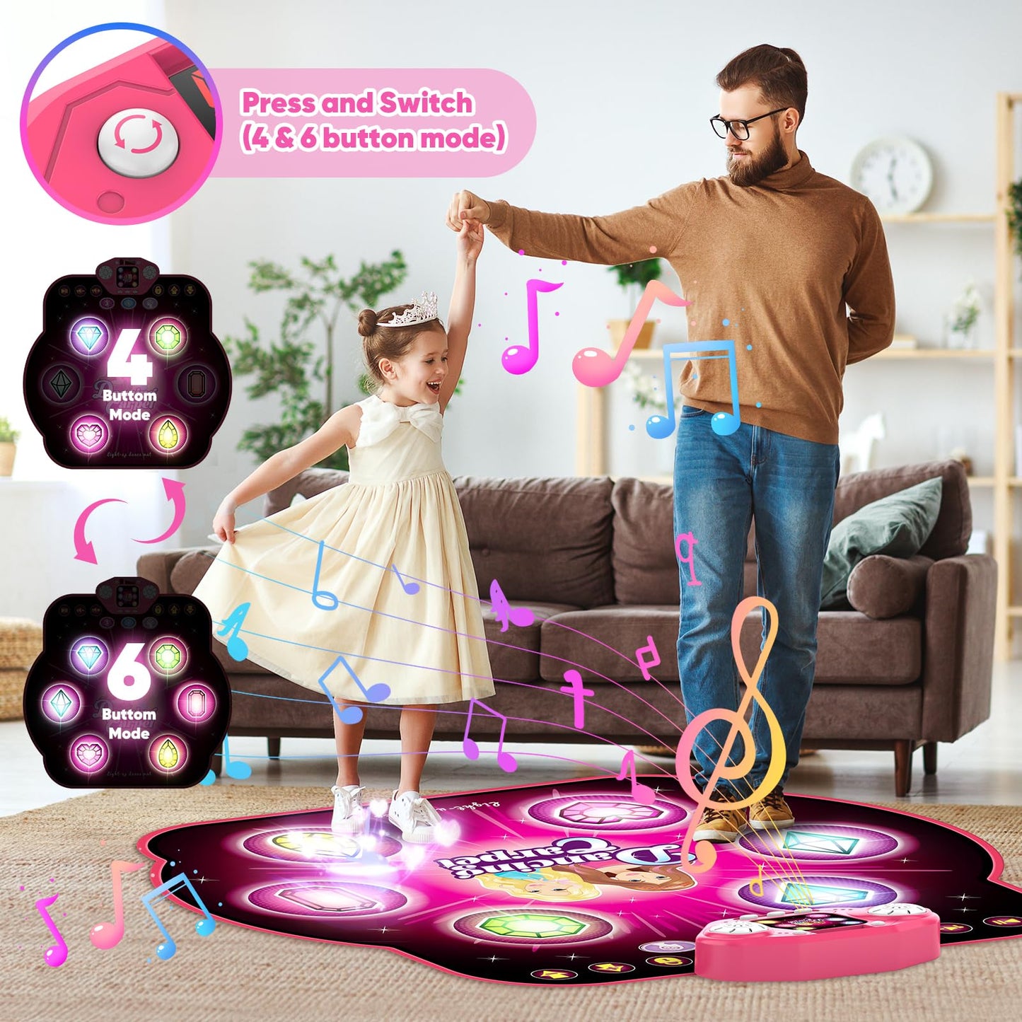 Kizjorya Dance Mat For Kids, Upgraded Switchable 4 & 6 Button Mode Electronic Dance Pad With Bluetooth-9 Levels, Light Up Childr