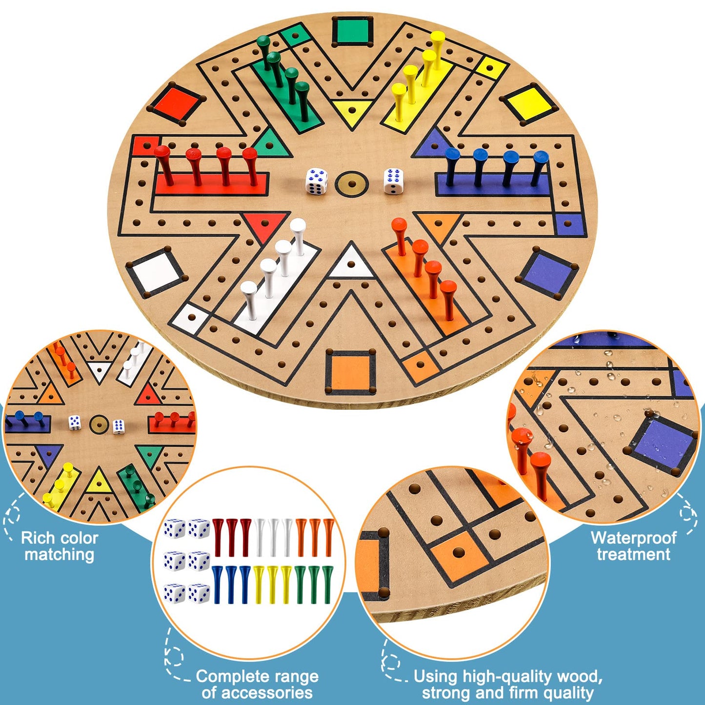 Kathfly Fast Track Board Game Set for 3-6 Players, Wooden, 14.2 Inch, 24 Pieces, 2 Dice, 6 Colors