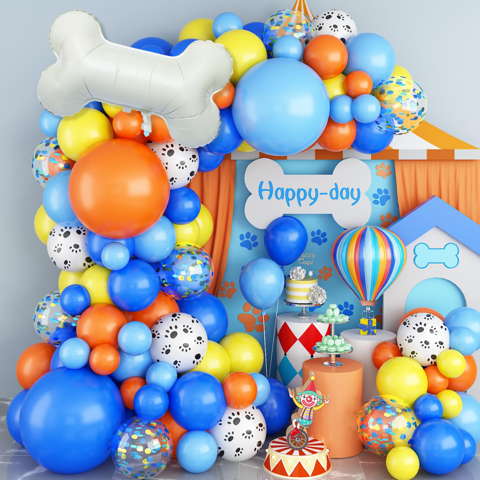 Dog Paw Balloon Arch, 105 Pcs Blue And Orange Paw Print Balloons Garland Kit, Big Bone Foil Balloon Orange Blue Confetti Balloon
