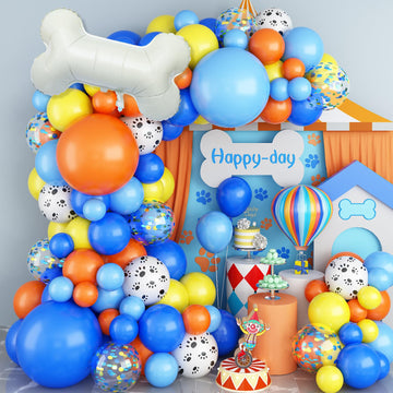 Dog Paw Balloon Arch, 105 Pcs Blue And Orange Paw Print Balloons Garland Kit, Big Bone Foil Balloon Orange Blue Confetti Balloon