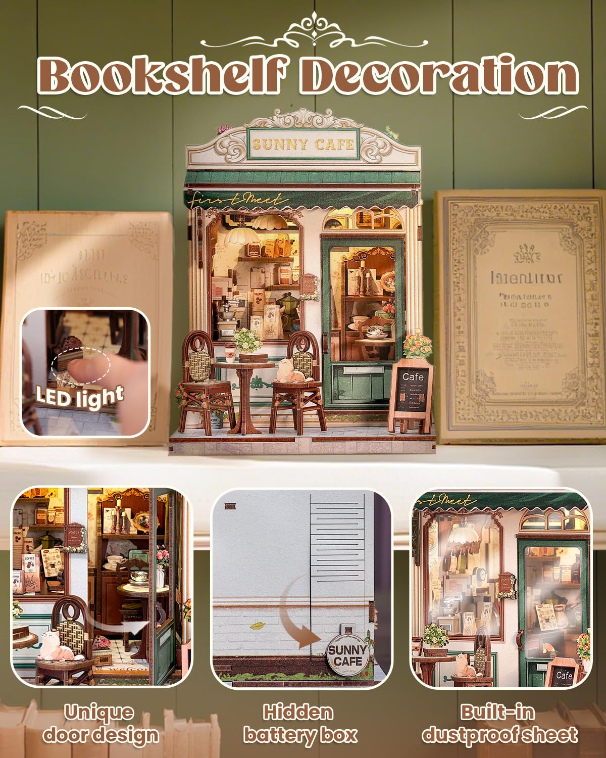 Endless Limit Book Nook Kit  DIY Miniature House Kits for mature-themed and Teens  Dollhouse Tiny Booknook Garden House Bookshelf  DIY Craft Gifts for Family and Friends(Sunny Cafe)