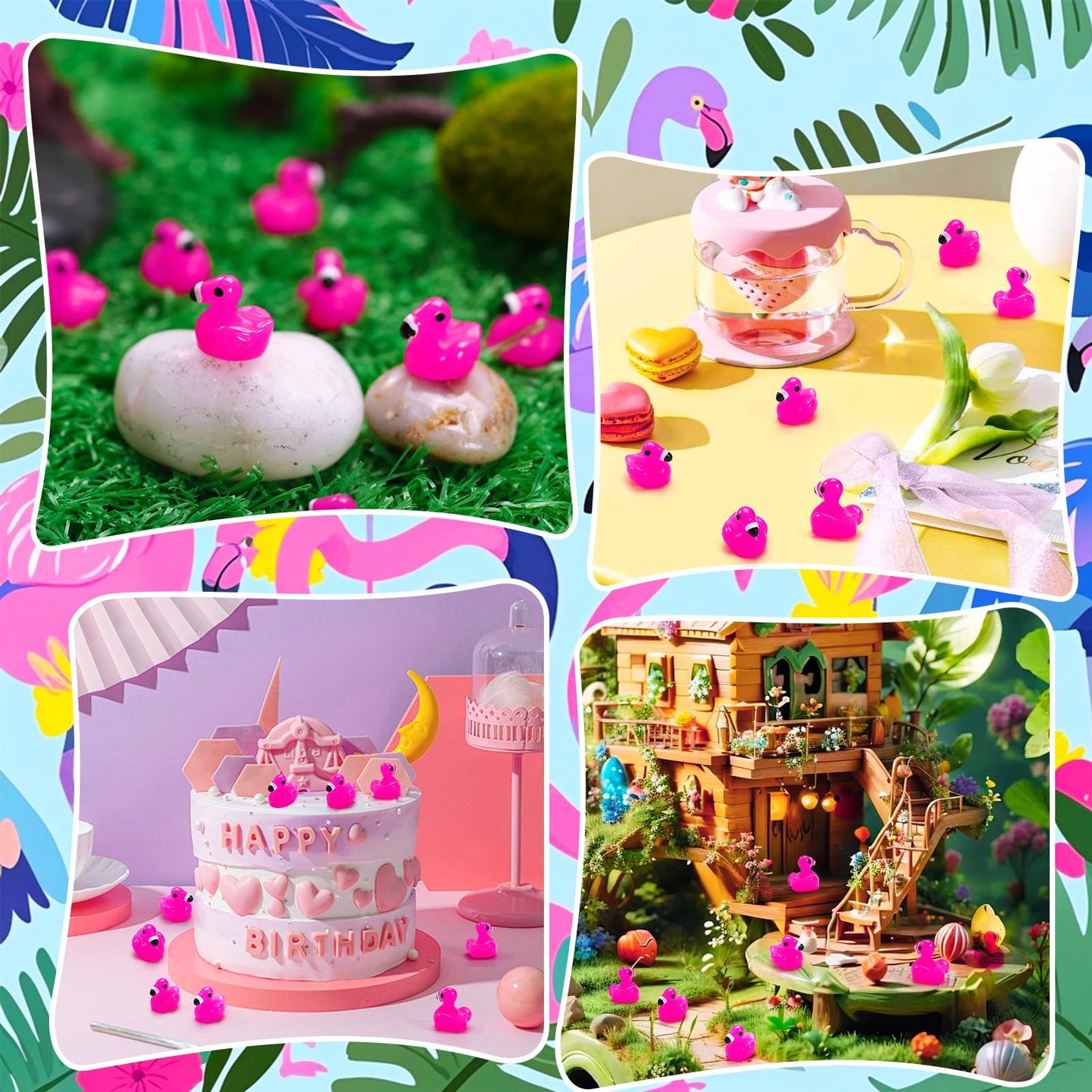 Mini Resin Flamingo Ducks,200 Pcs Flamingo Tiny Ducks, Pink Flamingo Figurine Tiny Resin Animals Toy For Cake Topper Garden Doll