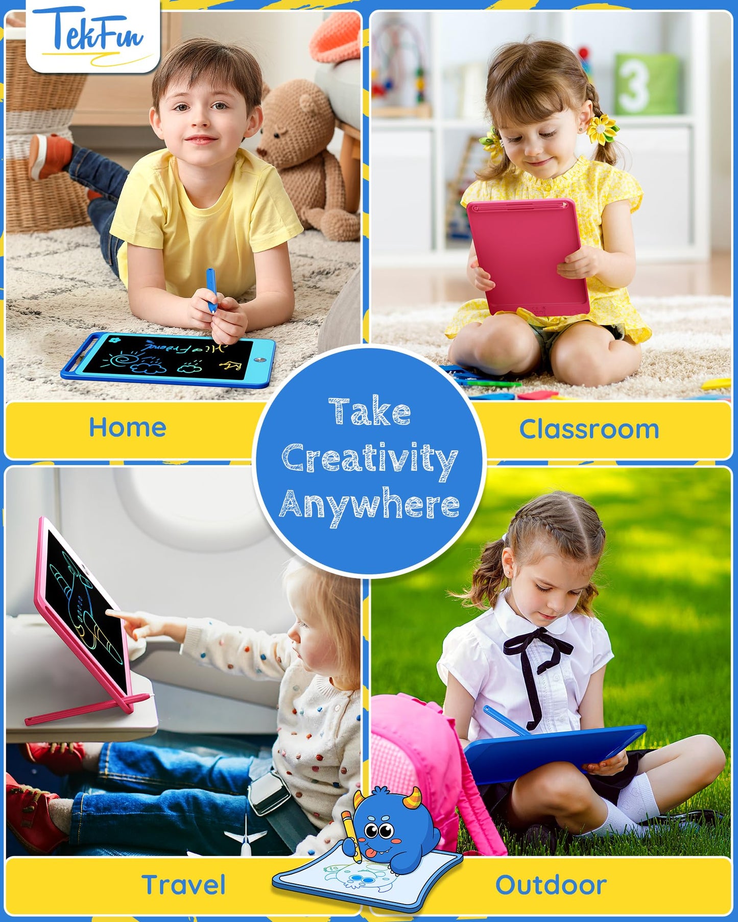 Tekfun 2 Pack Lcd Writing Tablet For Kids, 8.5 Inch Blue+Pink Doodle Board Drawing Board Drawing Tablet With Lanyard, Educationa