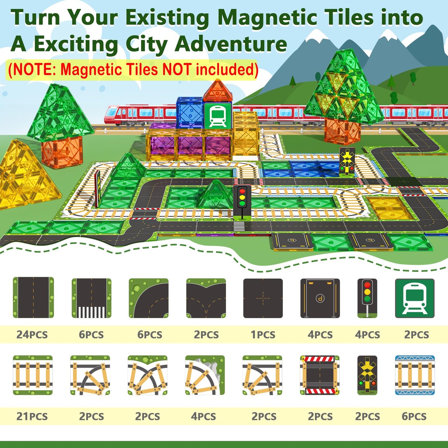 90Pcs Magnetic Tile Road Toppers (Magnetic Tiles Not Included) Kids Toys Magnetic Tile Accessories Creative Add-On Activity City Traffic Network Playset Sensory Play Toy Gifts For Kids Age 3 4 5 6 7