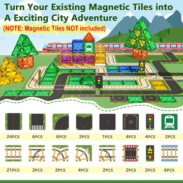 90Pcs Magnetic Tile Road Toppers (Magnetic Tiles Not Included) Kids Toys Magnetic Tile Accessories Creative Add-On Activity City Traffic Network Playset Sensory Play Toy Gifts For Kids Age 3 4 5 6 7