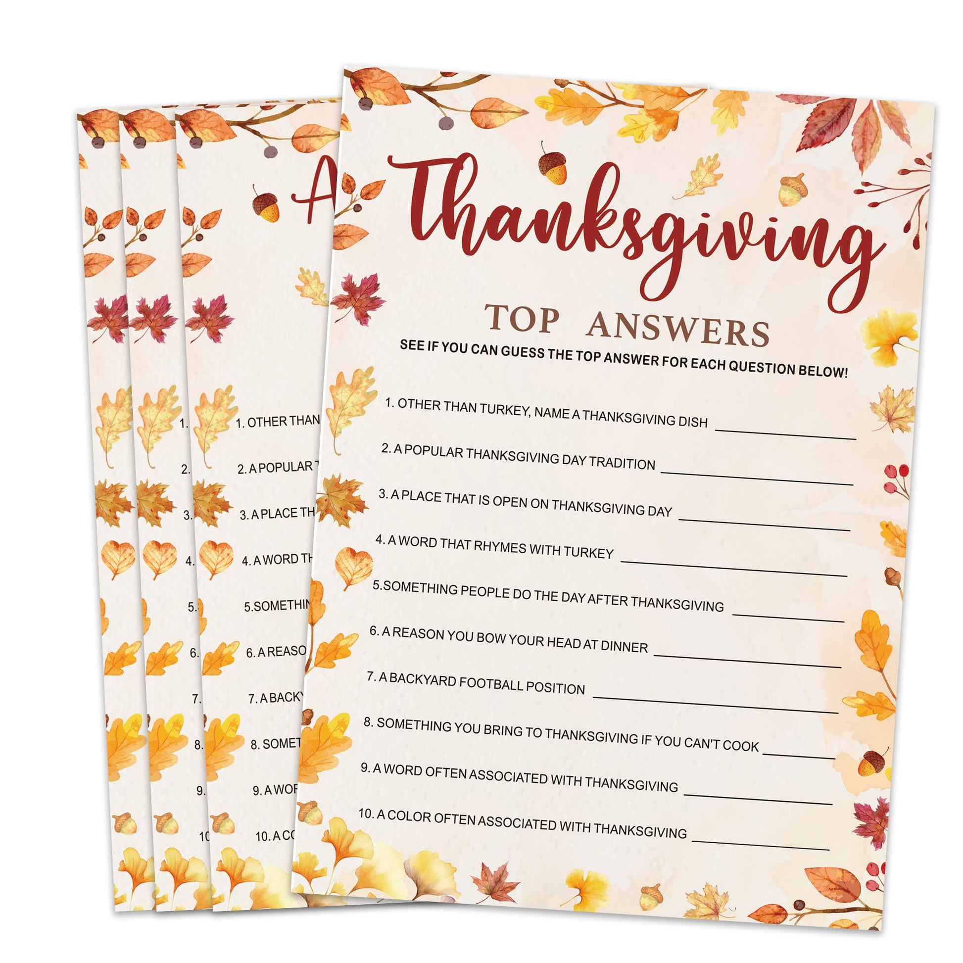 Bltgh Thanksgiving Top Answer Game Card Fun Fall Party Survey Game for Family and Friends Autumn Holiday Icebreaker 5x7 Inch Cards with Answer Card
