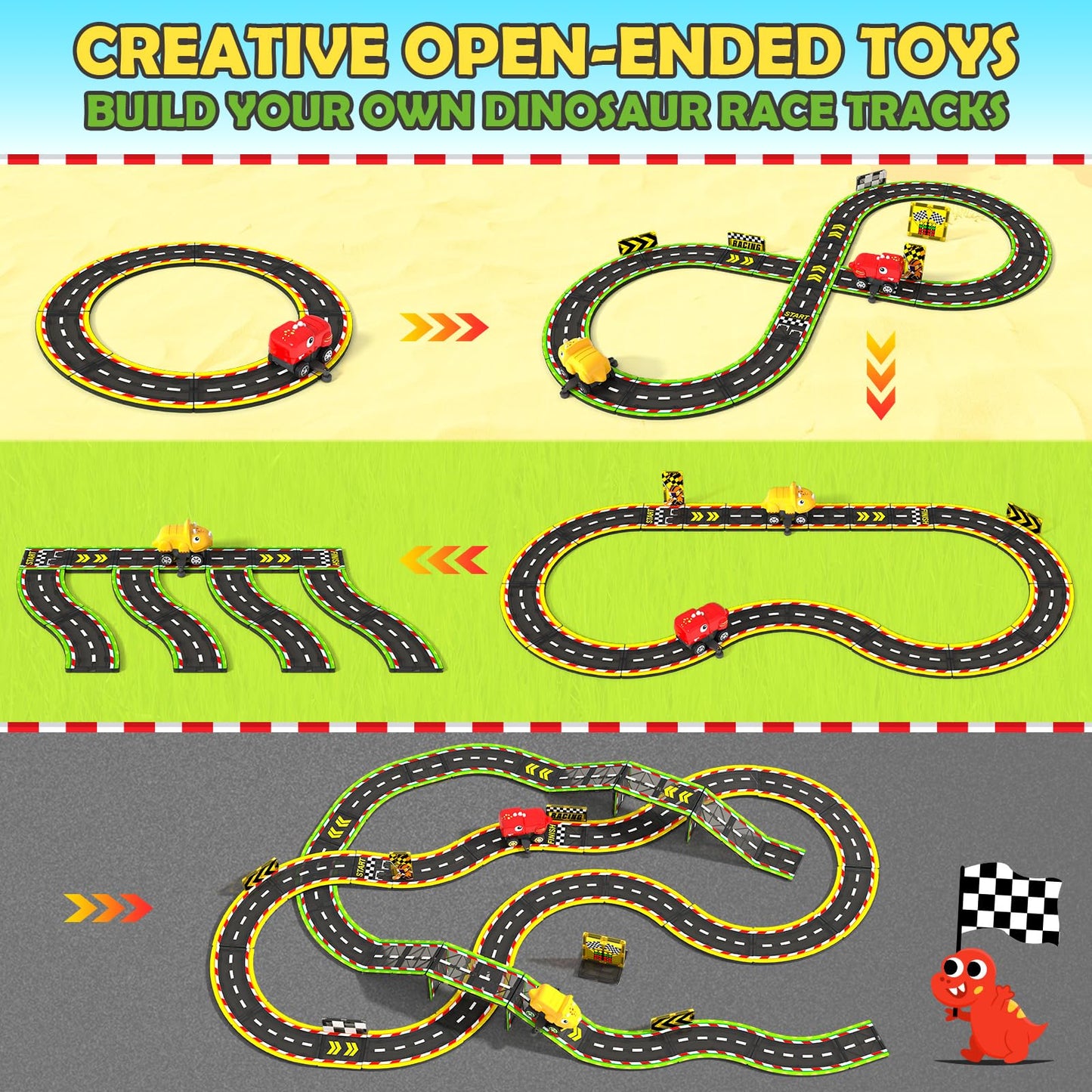 Dinosaur Toys Magnetic Tiles With 2 Dinosaur Cars Race Track, Magnetic Building Blocks Toddler Sensory Outdoor Kids Toys For 3+