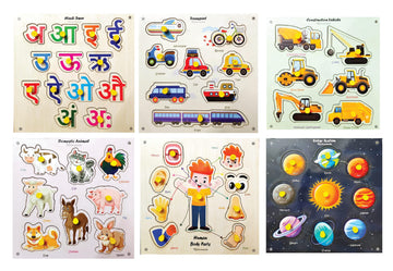 Khilonewale Kids Wooden Educational Colorful Hindi Swar, Transport, Construction Vehicles, Domestic Animal, Parts of Body, Sola