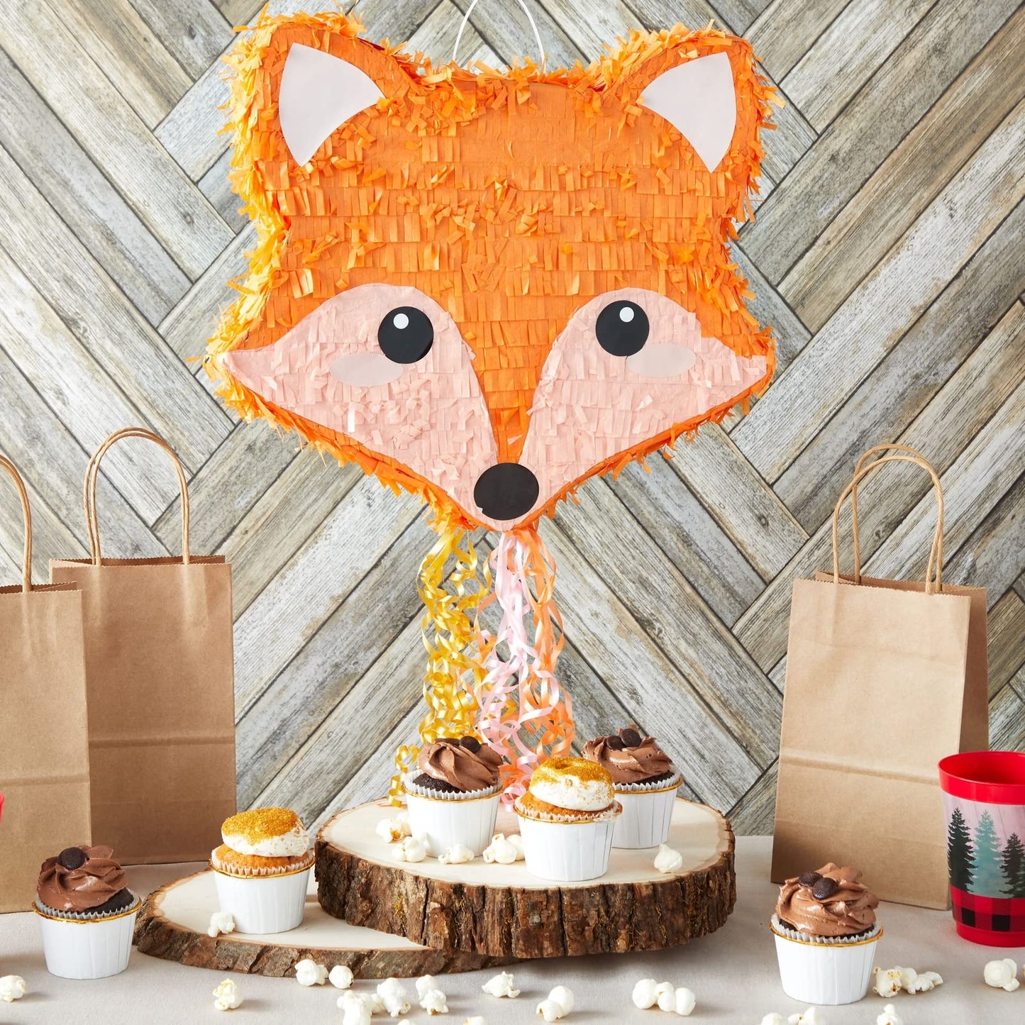 BLUE PANDA Pull String Fox Pinata - 16x13x3 In, Orange Paper, Ideal for Woodland Baby Shower & Birthday Party Decorations
