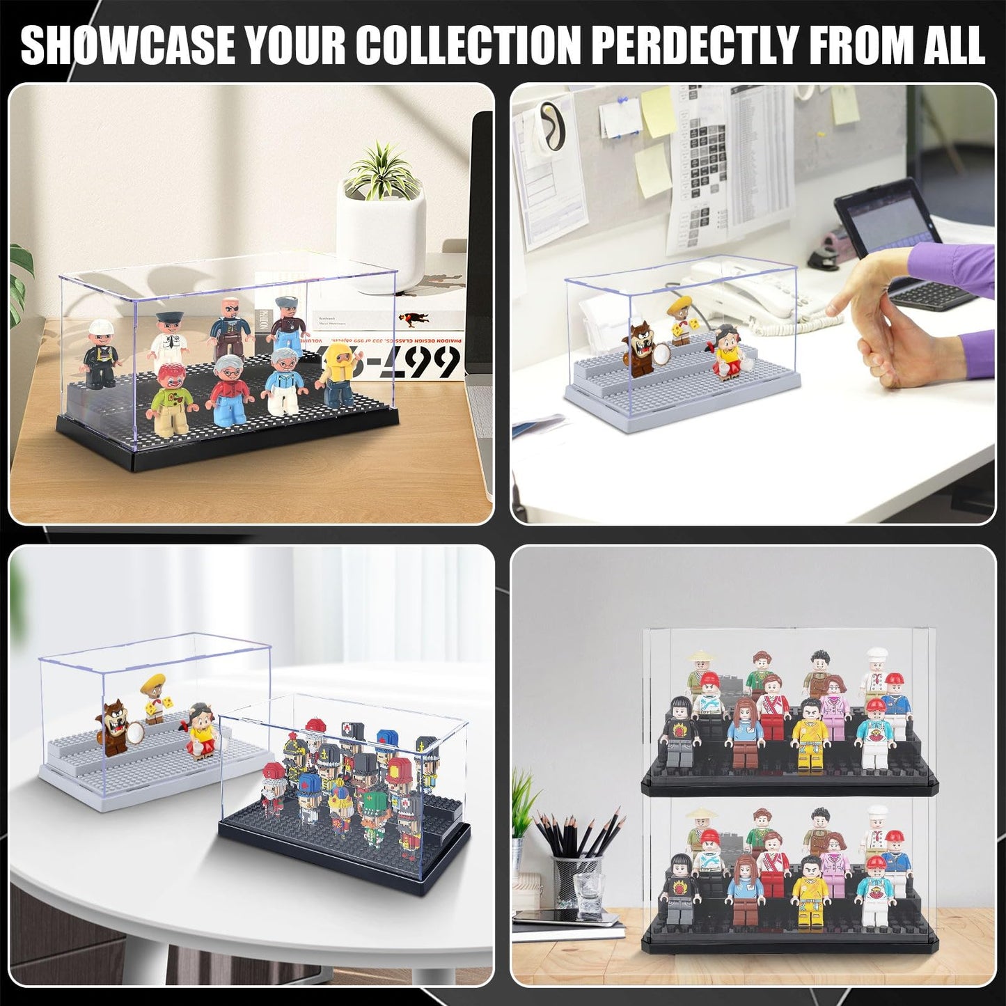 2 Pack Acrylic Display Box Storage, Clear Mini Figure Display Shelves With 3 Movable Steps, Black