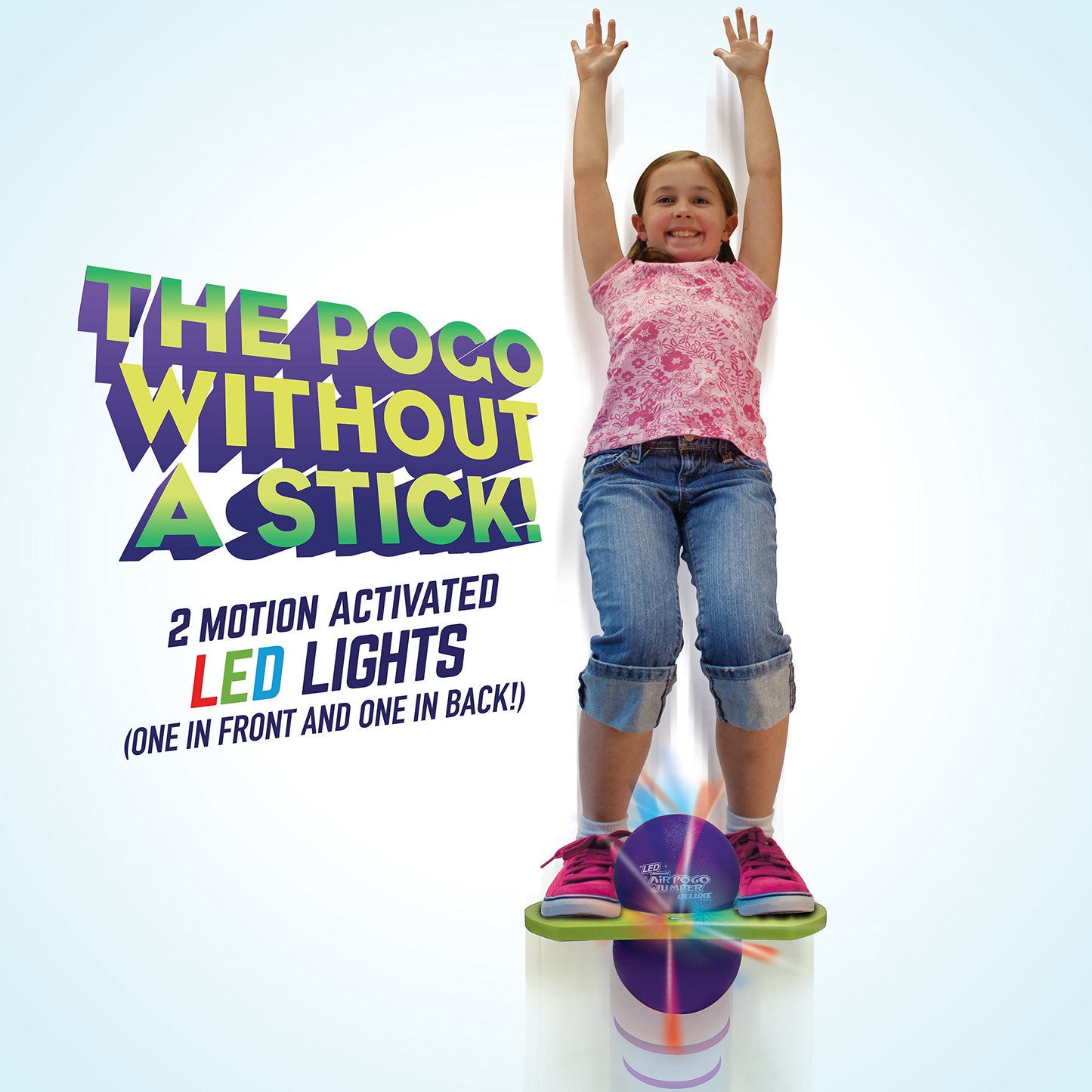 Geospace Original Led Air Pogo Jumper Deluxe With Motion-Activated Lights, Indoor Or Outdoor Trick Bounce Board For Boys, Girls, Teens Ages 6+ Or Up To 160 Lbs, Pump Included (Purple/Green)