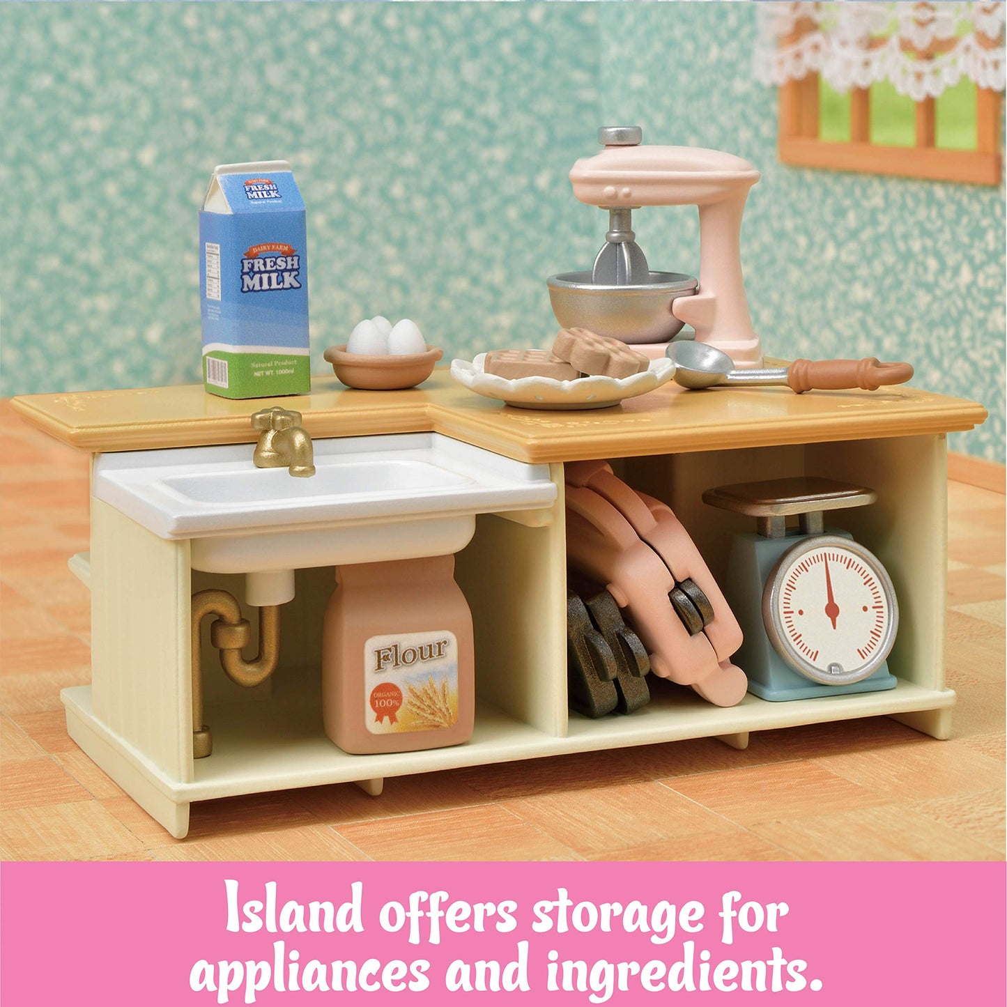 Calico Critters Kitchen Island, Toy Dollhouse Furniture And Accessories Set