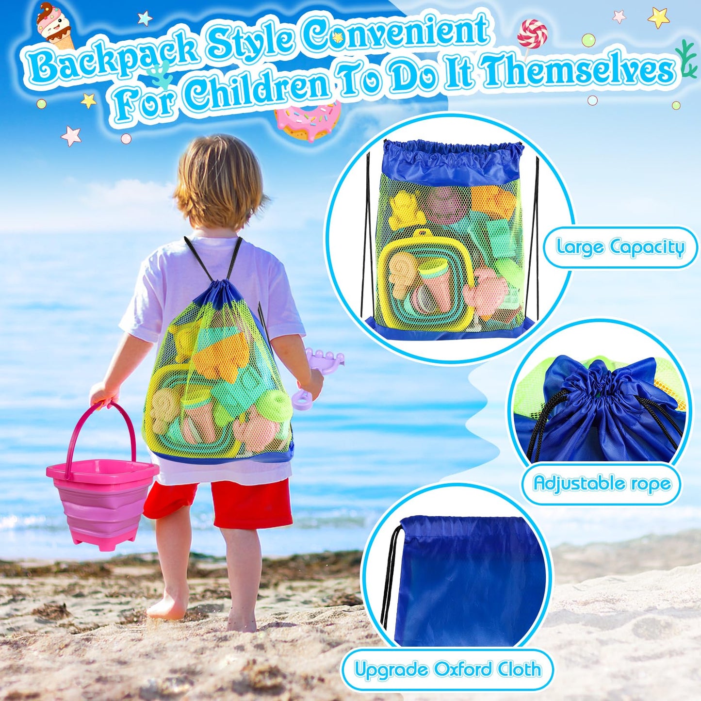 Collapsible Beach Toys For Kids Toddlers, 3 Foldable Buckets And Shovels Set, Sand Castle Building Kit, Ice Cream Travel Sand To