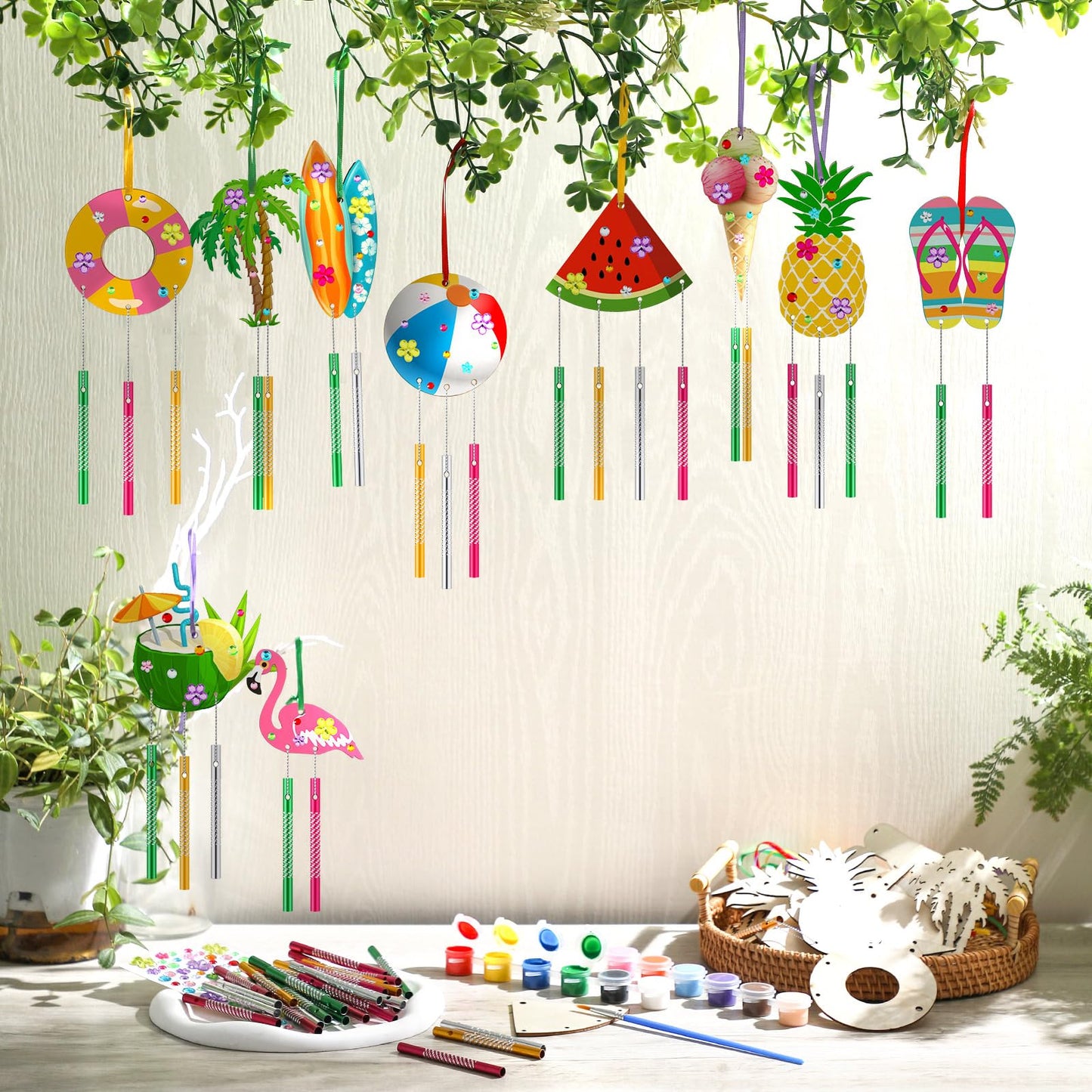 JellyArch 30 Pack Summer Wind Chime Making Kit for Adults Make Your Own Summer Wind Chime Beach Wooden Ornaments for DIY Crafts