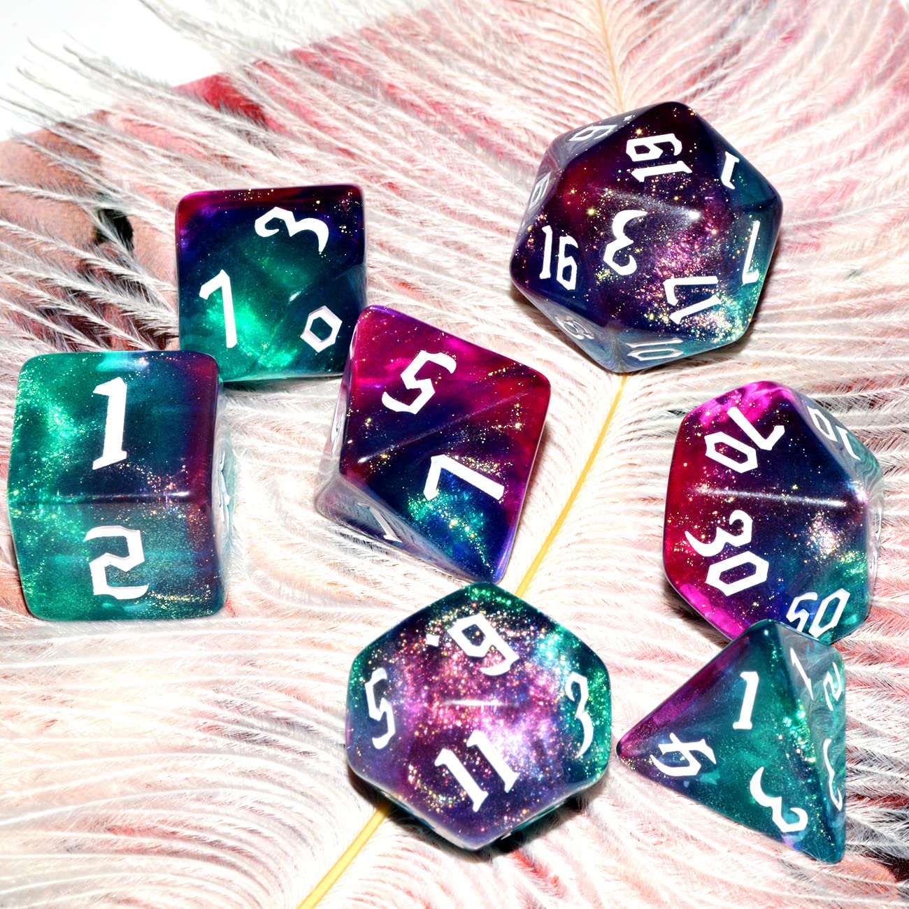 Galaxy Dice Set| Dark Green Mix Purple Crystal DND Dice Set for Board Game