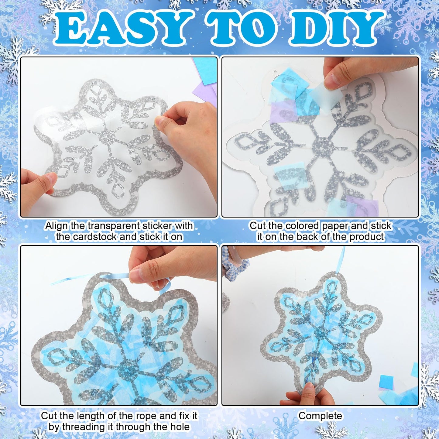 DoubleFill Snowflakes Suncatchers Craft Kit - 60 Sets, 7.87" Multicolor Tissue Paper for DIY Winter Window Art