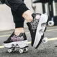 Double-Row Deform Wheel Automatic Walking Shoes Invisible Deformation Roller Skate 2 in 1 Removable Pulley Skates Skating Parkour (Black Powder  US9)