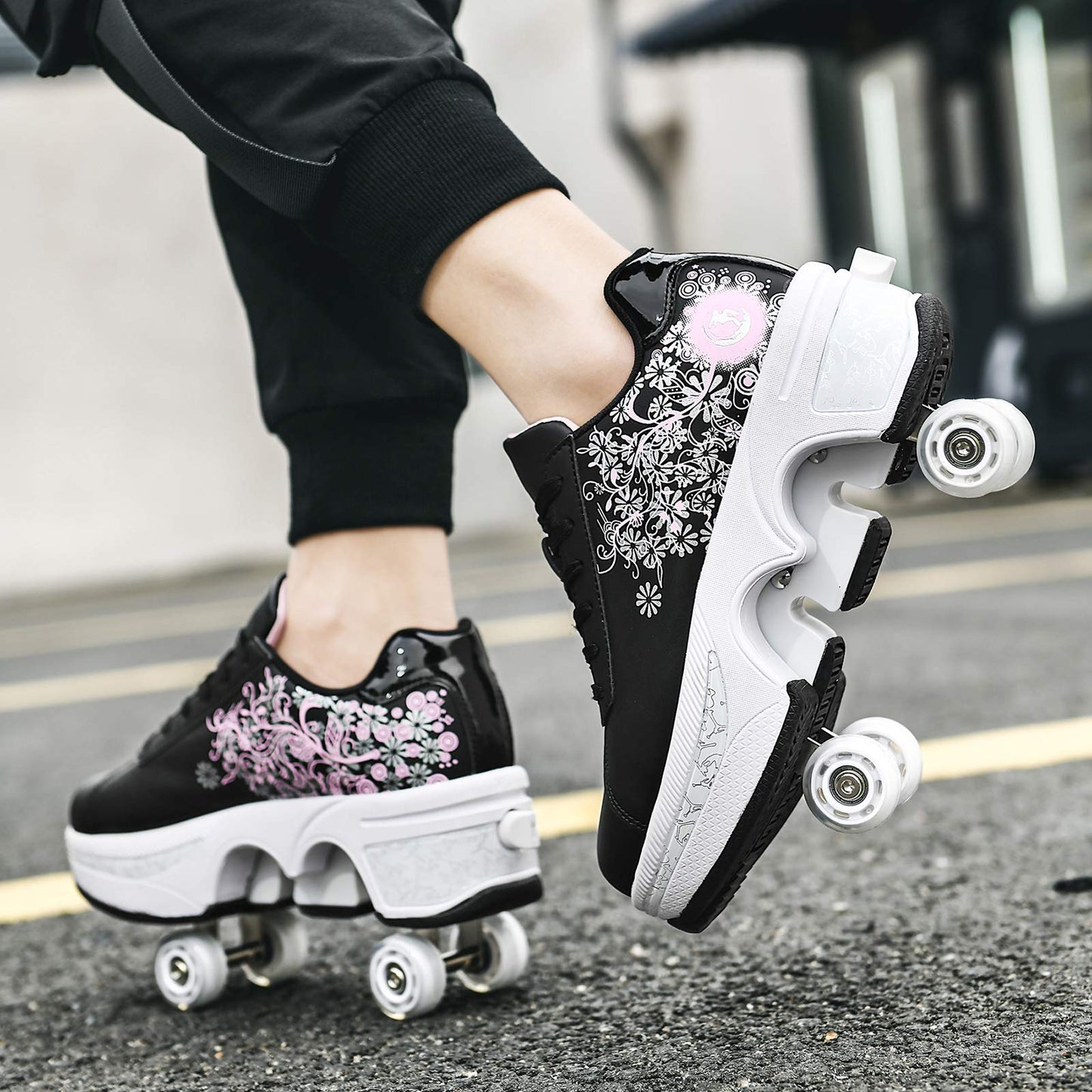 Double-Row Deform Wheel Automatic Walking Shoes Invisible Deformation Roller Skate 2 in 1 Removable Pulley Skates Skating Parkour (Black Powder  US9)