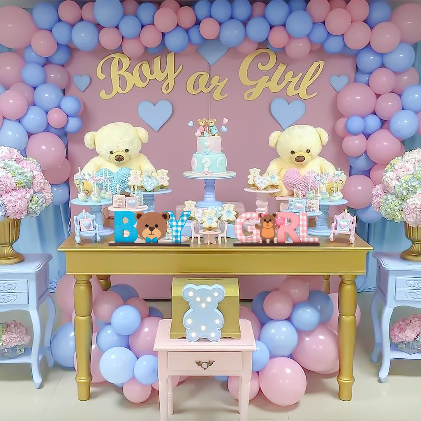 C1krint Teddy Bear Wooden Decorative Signage, Boy Girl Gender Reveal Decor, 2Pcs Blue/Pink Table Centerpieces for He/She Baby Sh