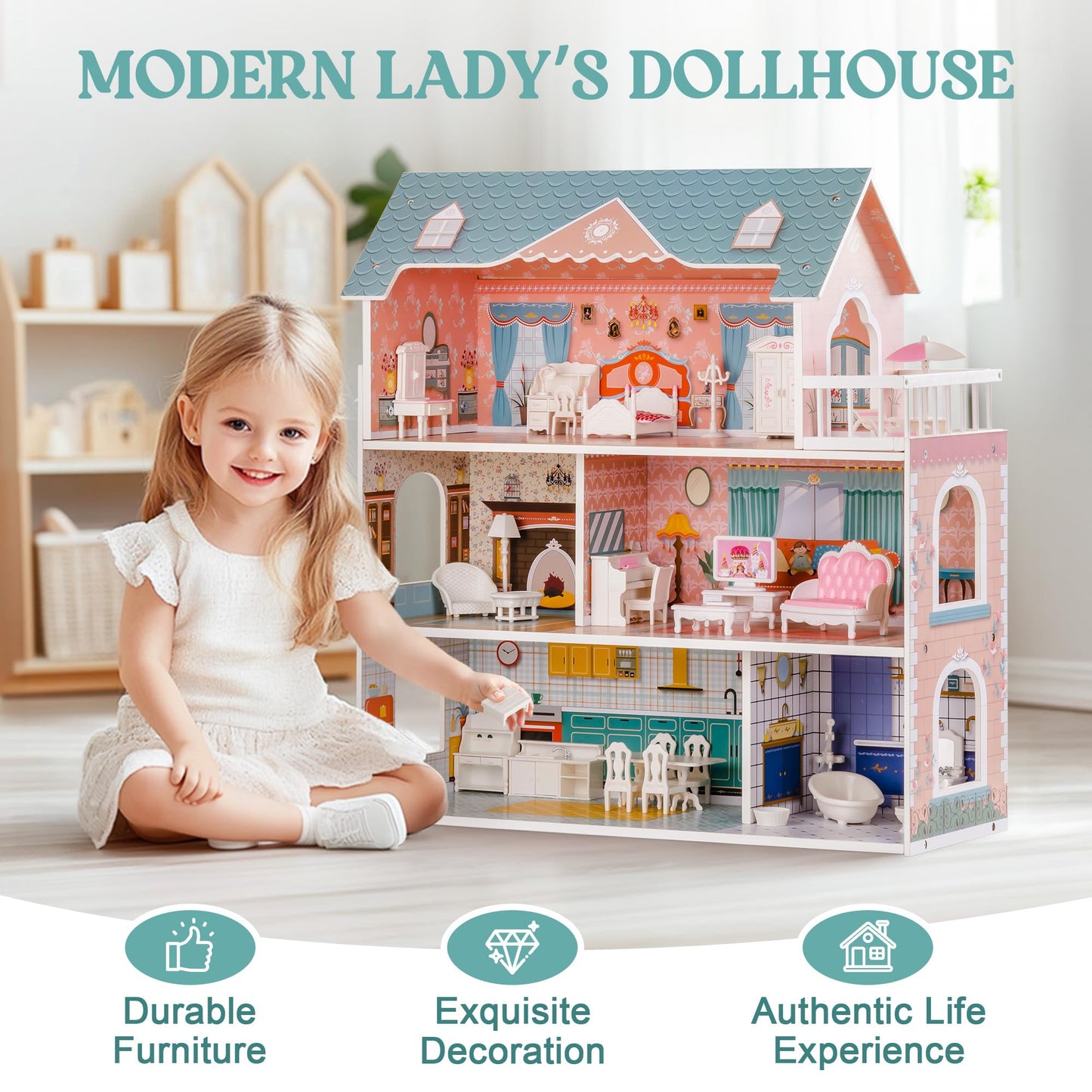 ROBUD Wooden Dollhouse for Kids, 3-6 Years, Blue, Includes Furniture, Model WDH01