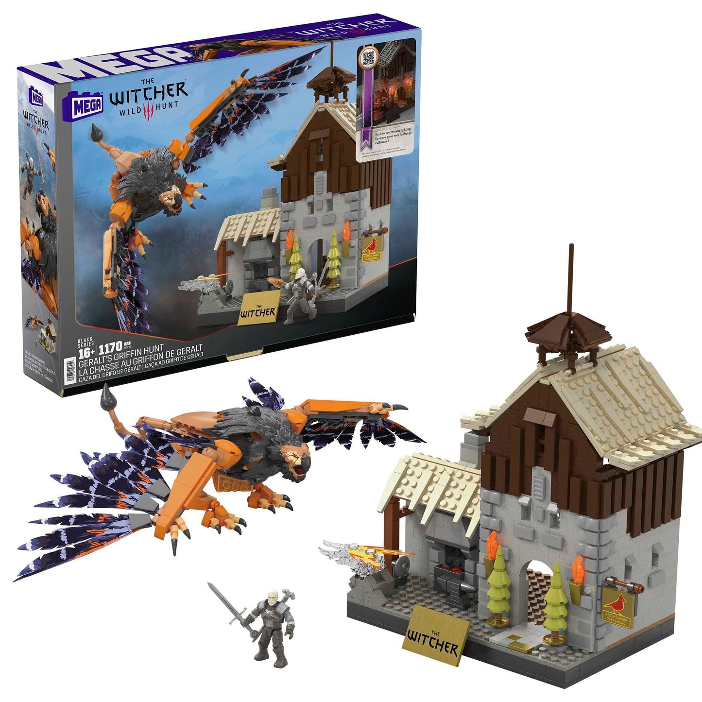 MEGA The Witcher Building Toys Set  Geralts Griffin Hunt with 1170 Pieces  1 Micro Action Figure and Accessories  mature-themed Collectible