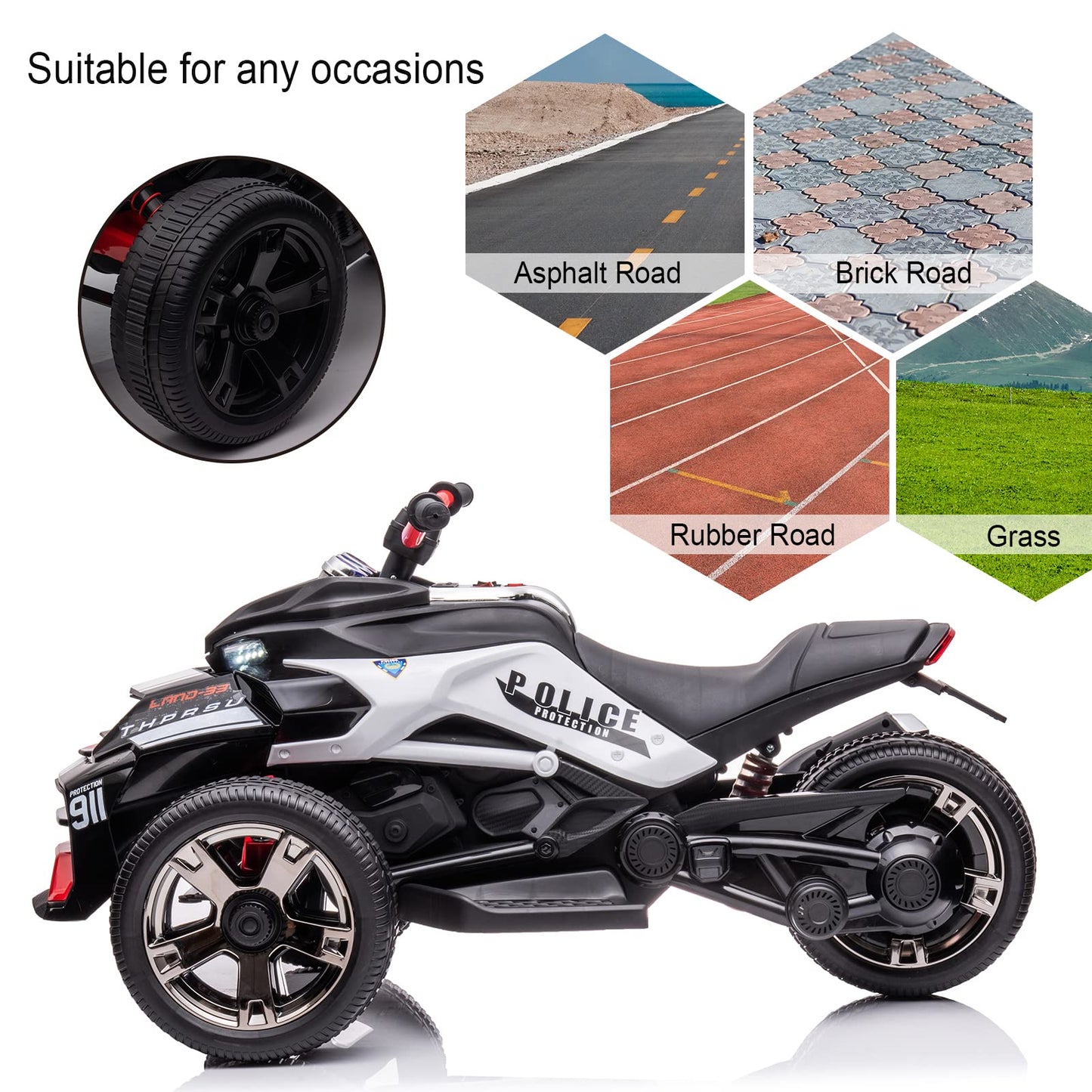 Postack 24V Kids Ride On Police Motorcycle, 3 Wheeler Ride On Atv For Boys Girls, Battery Powered Electric Vehicle For Toddlers