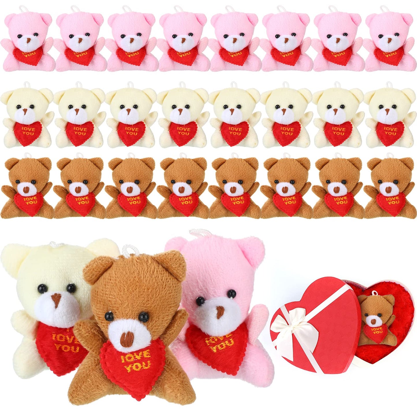 Civaner 24 Pcs 2.5 Inch Mini Valentine Plush Bears Bulk I Love You Bear Animal Toys With Red Heart Design For Boys Girls Adults