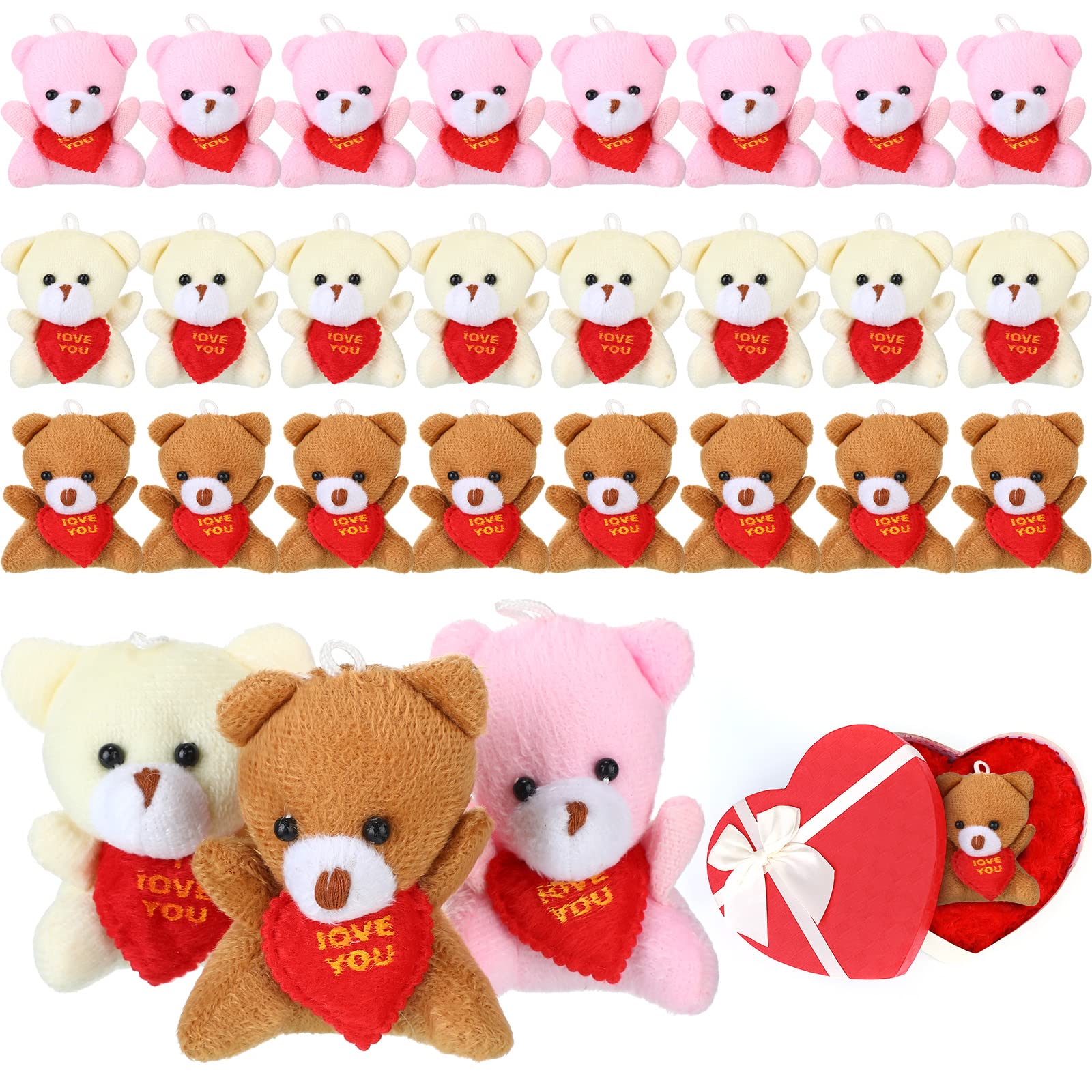 Civaner 24 Pcs 2.5 Inch Mini Valentine Plush Bears Bulk I Love You Bear Animal Toys With Red Heart Design For Boys Girls Adults