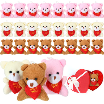 Civaner 24 Pcs 2.5 Inch Mini Valentine Plush Bears Bulk I Love You Bear Animal Toys With Red Heart Design For Boys Girls Adults