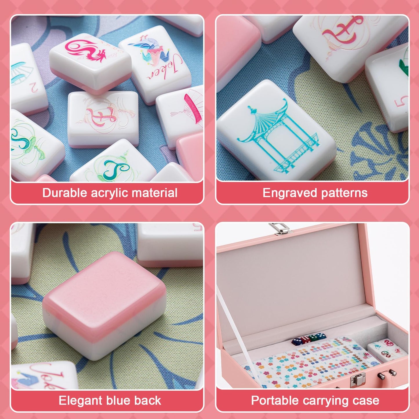 Soulchen 1.2 Inch Acrylic American Mahjong Set 168 Blossom Numbered Tiles  Tiles Bag and Portable Travel Case Classic Complete Mahjong Set for mature-themed Collection Gift(Pink)