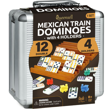Mexican Train Dominoes Set With 4 Holders - Dominoes Double 12 With Wooden Hub And Tiles Holders - Double 12 Dominos Set For Family Game Night For Adults And Kids Ages 8 And Up (D12 + 4 Holders)