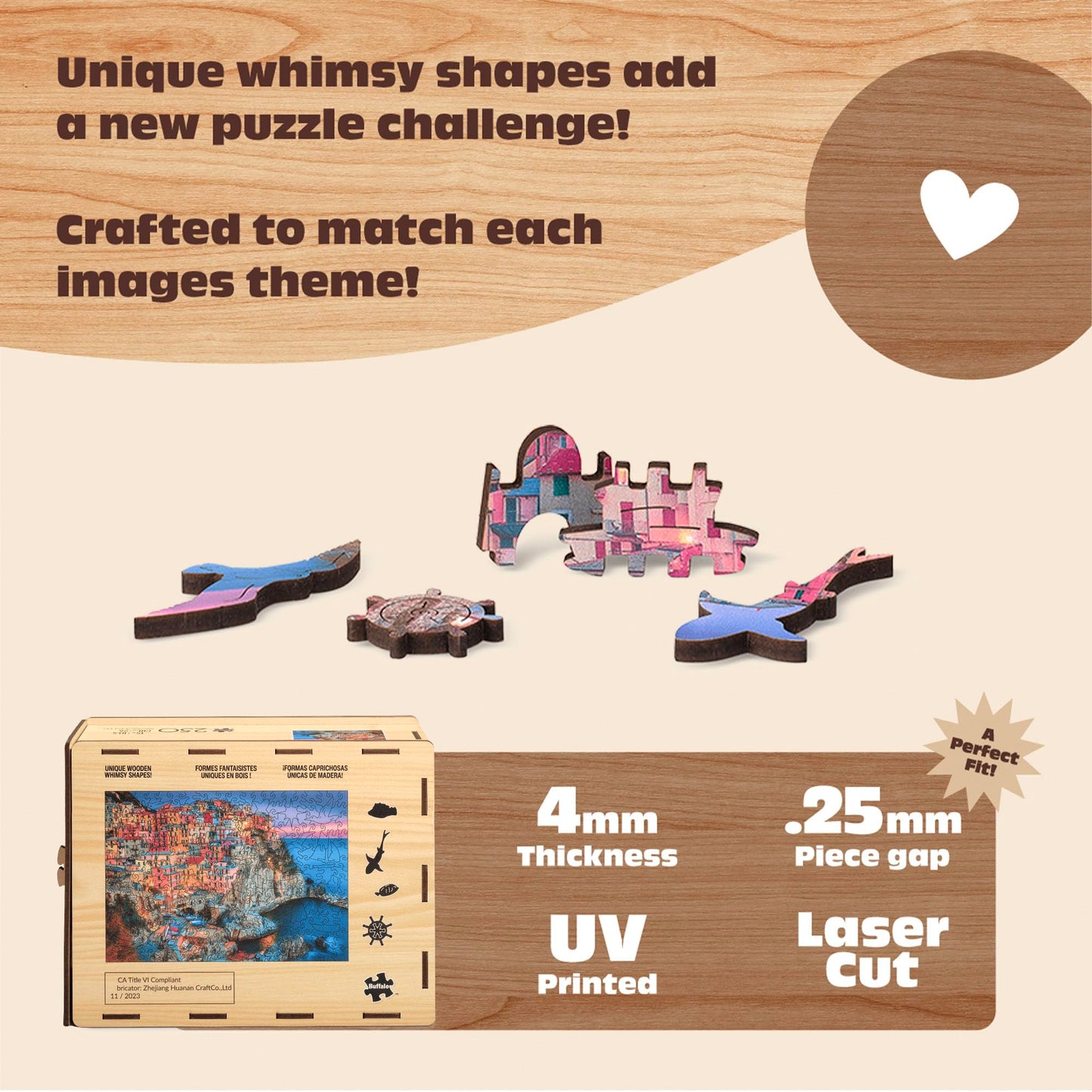 Buffalo Games - Cinque Terre Wood Puzzle - Whimsy Cut Jigsaw Pieces - 250 Piece Jigsaw Puzzle
