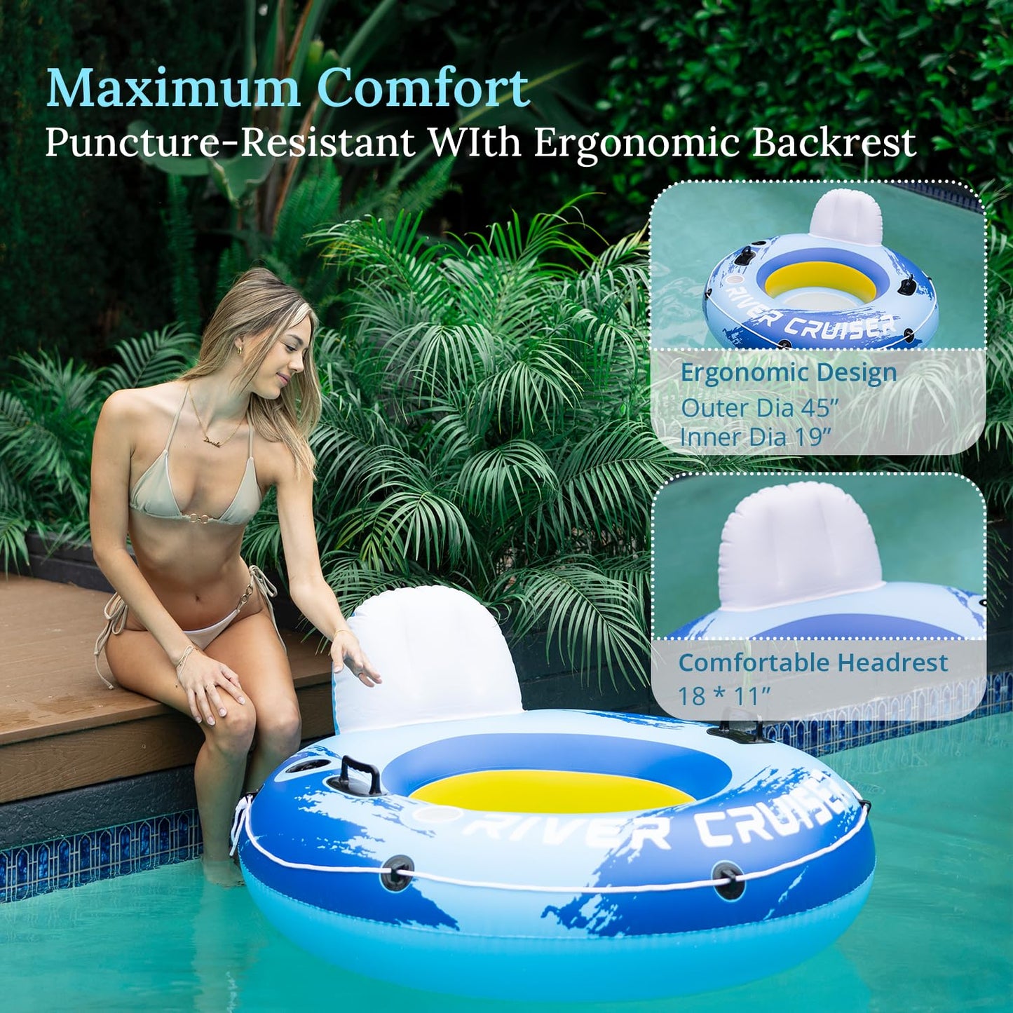 2-Pack Sunrio New Pool Floats enhanced River Tube with Mesh Bottom Backrest & Cup Holder Giant Floaties for mature-themeds Fashion Pool Floaties for Occupations & Recreation Pool Lounger(Blue-White)