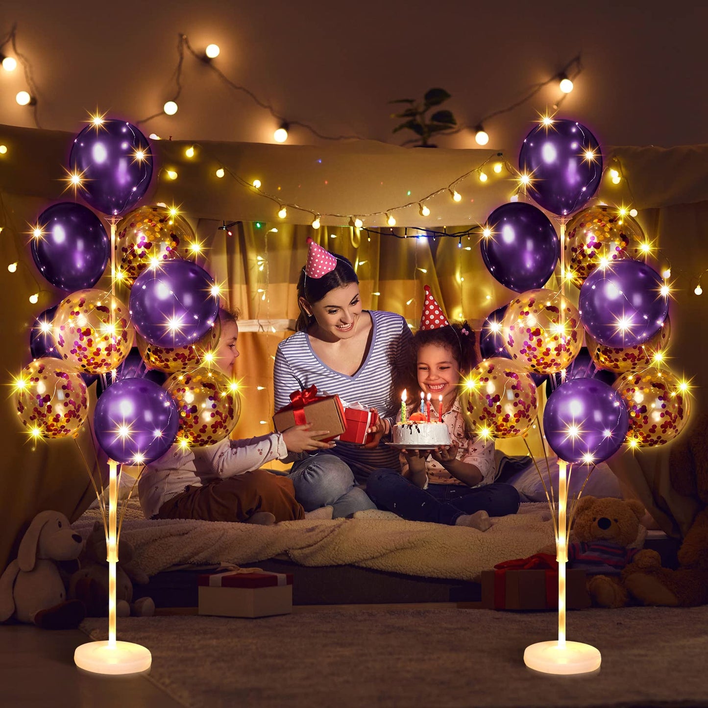 Wettarn 2 Sets Valentine Mardi Gras Floor Balloon Column Stand Kit With Led Lights 40 Pcs Balloons, Column Holder Centerpieces Tower For Baby Shower Birthday Wedding Party(Purple)